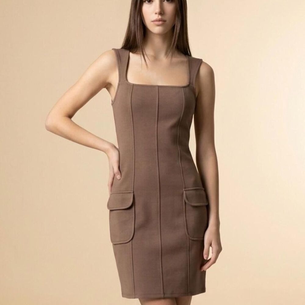 Brown Cargo Bodycon Dress Rayon & Nylon Fabric Size M
